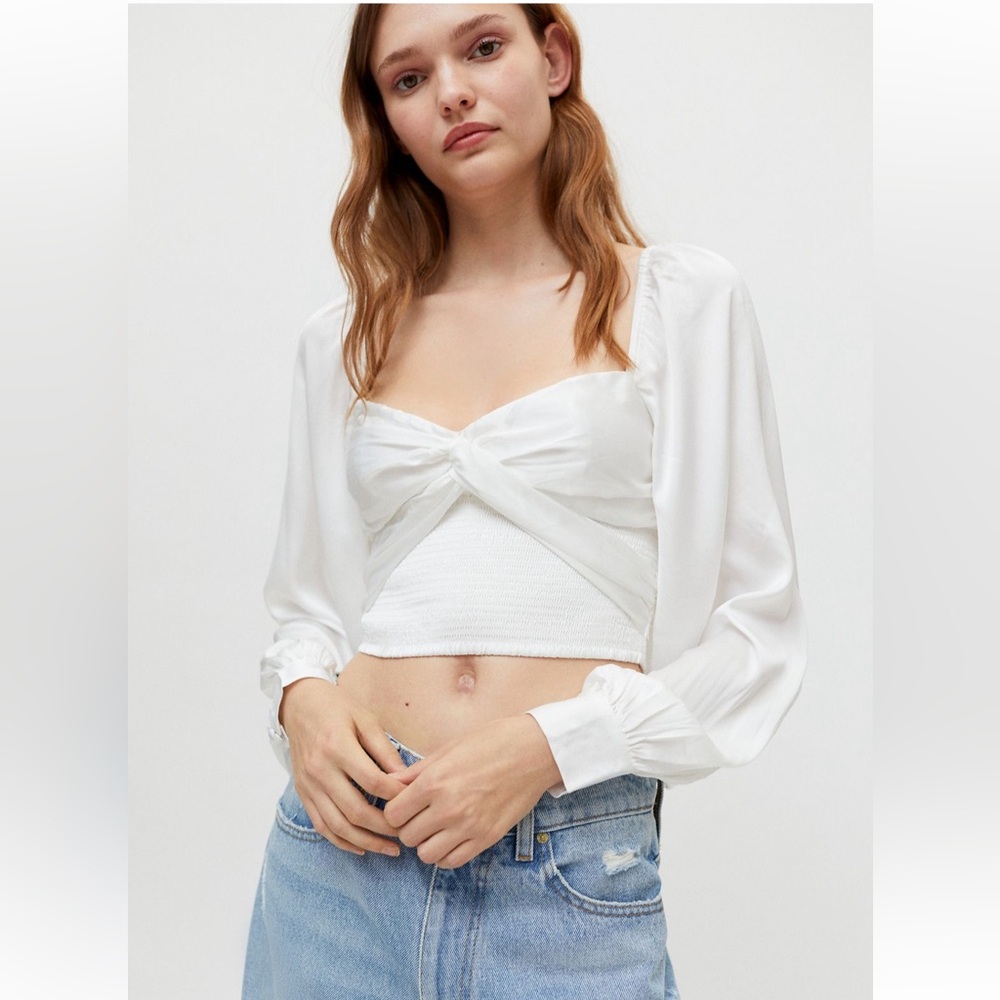 Urban Outfitters maya smocked tie-back top - White Satin Blouse - size small